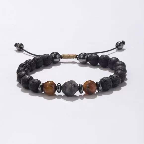 Bracelet en pierre de lave noire avec perles œil-de-tigre et hématite