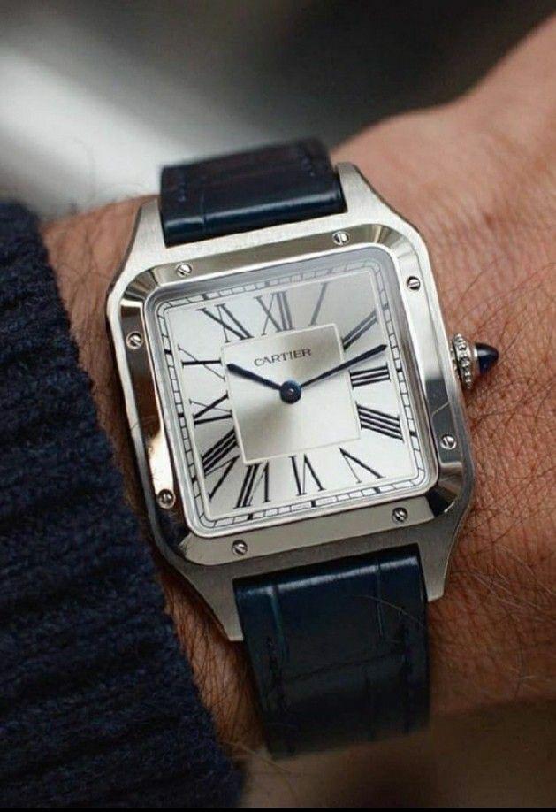 Montre Cartier Santos-Dumont acier avec cadran argenté et bracelet cuir bleu