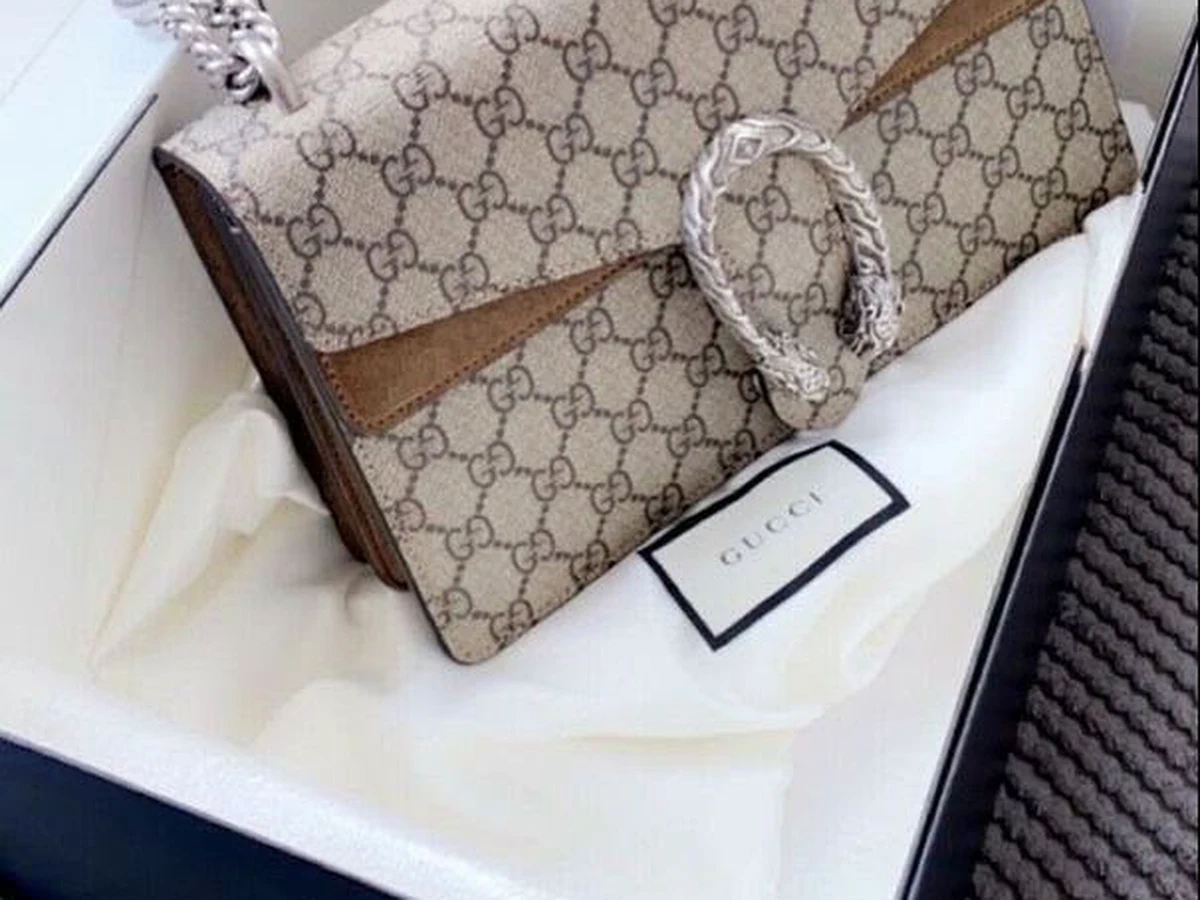 Sac Gucci Dionysus toile GG et daim beige avec chaîne argentée