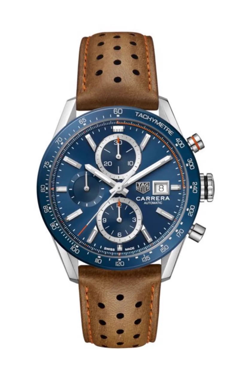 Montre TAG Heuer Carrera chronographe cadran bleu et bracelet cuir marron