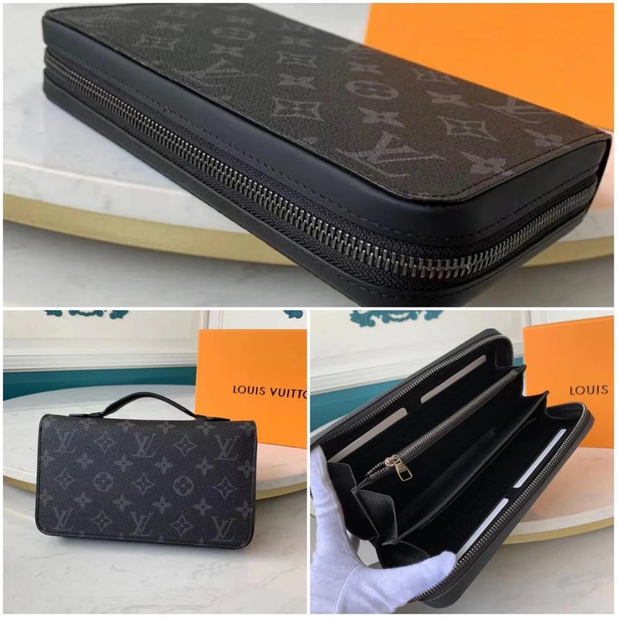 Portefeuille Zippy XL Louis Vuitton Monogram Eclipse, vues extérieure et intérieure